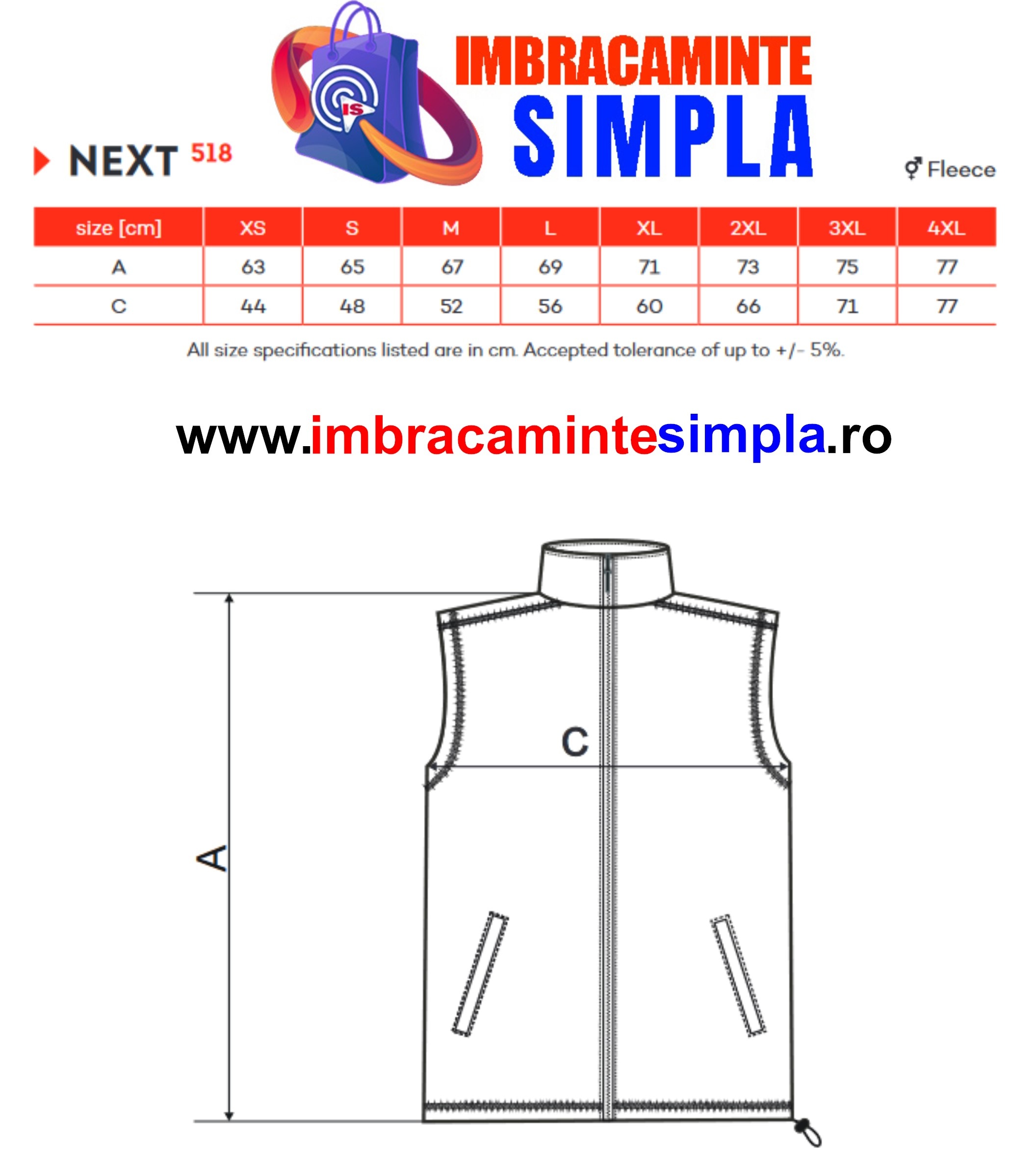 Vesta Polar Fleece Calduroasa tabelul cu marimi